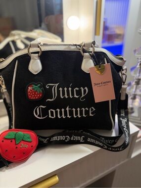 Juicy Couture Black Satchel with White Trim and Red Strawberry Charm